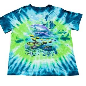 Y2K Tie Dye Multicolor Aquarium Dolphin Sea Turtle Tee Shirt SZ YXL